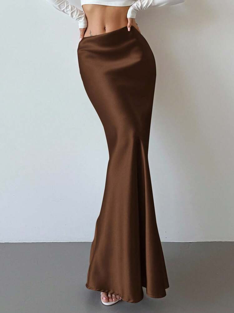 Firerie Valentine's Day New Elegant Romantic Date Vintage Modern Gold Satin Faced High Waist Bodycon Fishtail Maxi Skirt | SHEIN