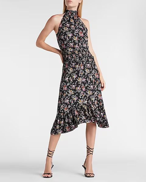 Floral High Neck Smocked Waist Midi Dress | Express