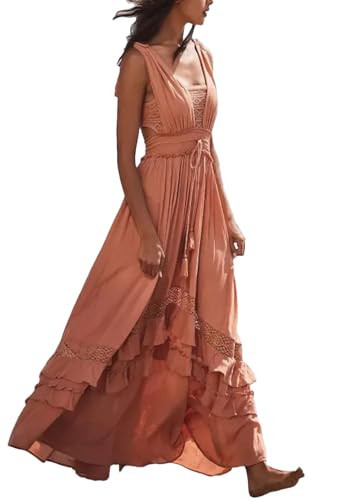 Women's Style Beach Long Dress Open Back Lace Up with Tassels and Ruffles Cut Out Solid Color Dress | Amazon (US)