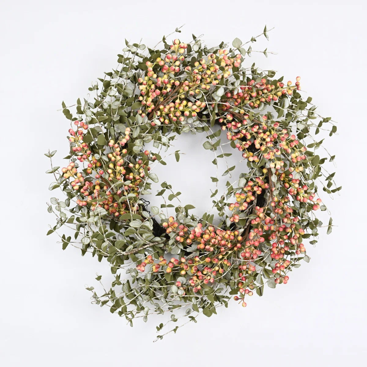 24" Artificial Farmhouse Mini Eucalyptus Blossoms Cluster Berry Spring Fall Wreath For Front Door | Wayfair North America
