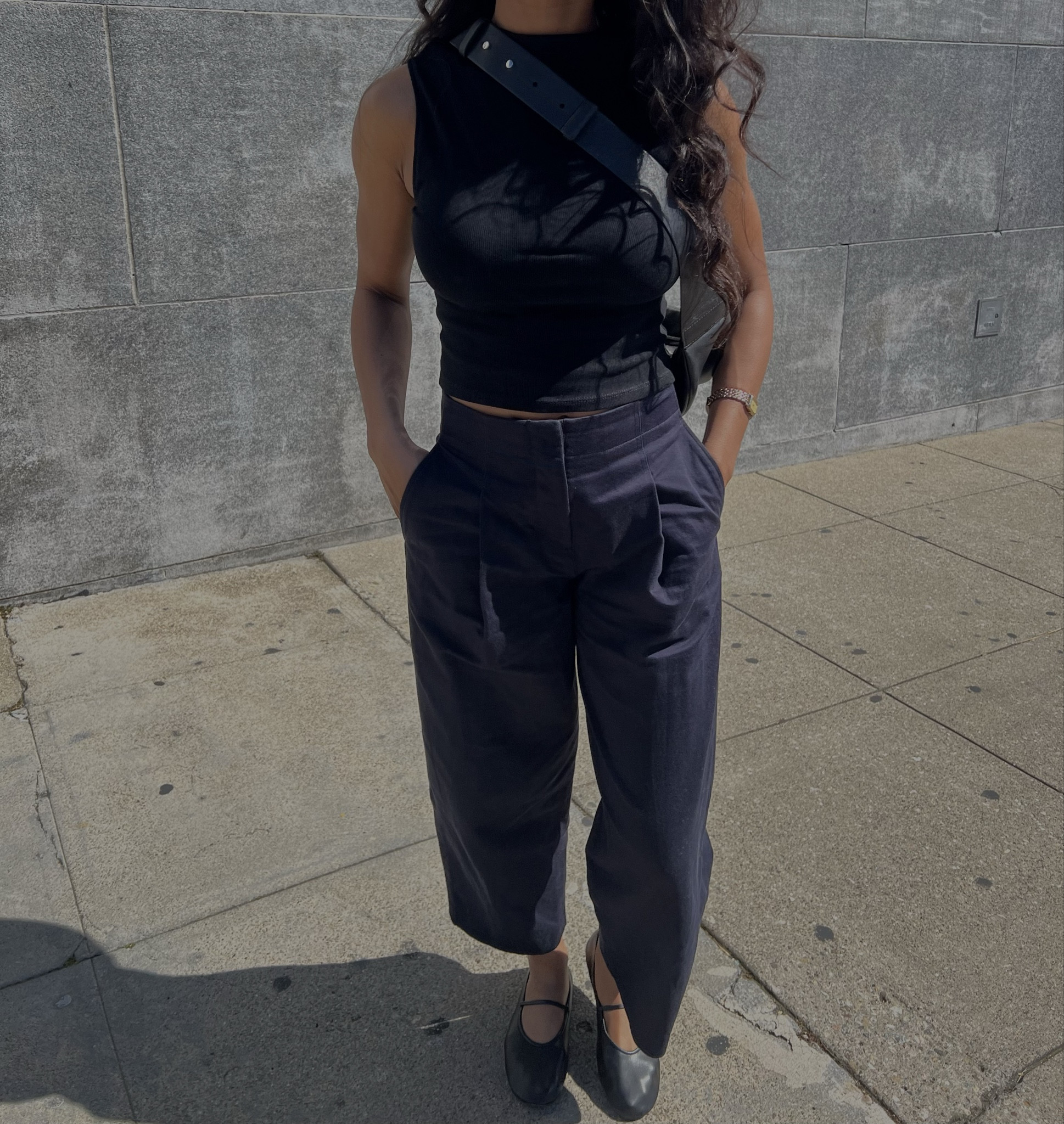 zara black top, cos blue trousers, black Jeffrey Campbell ballet flats, cos black cross body bag.

#LTKstyletip #LTKitbag