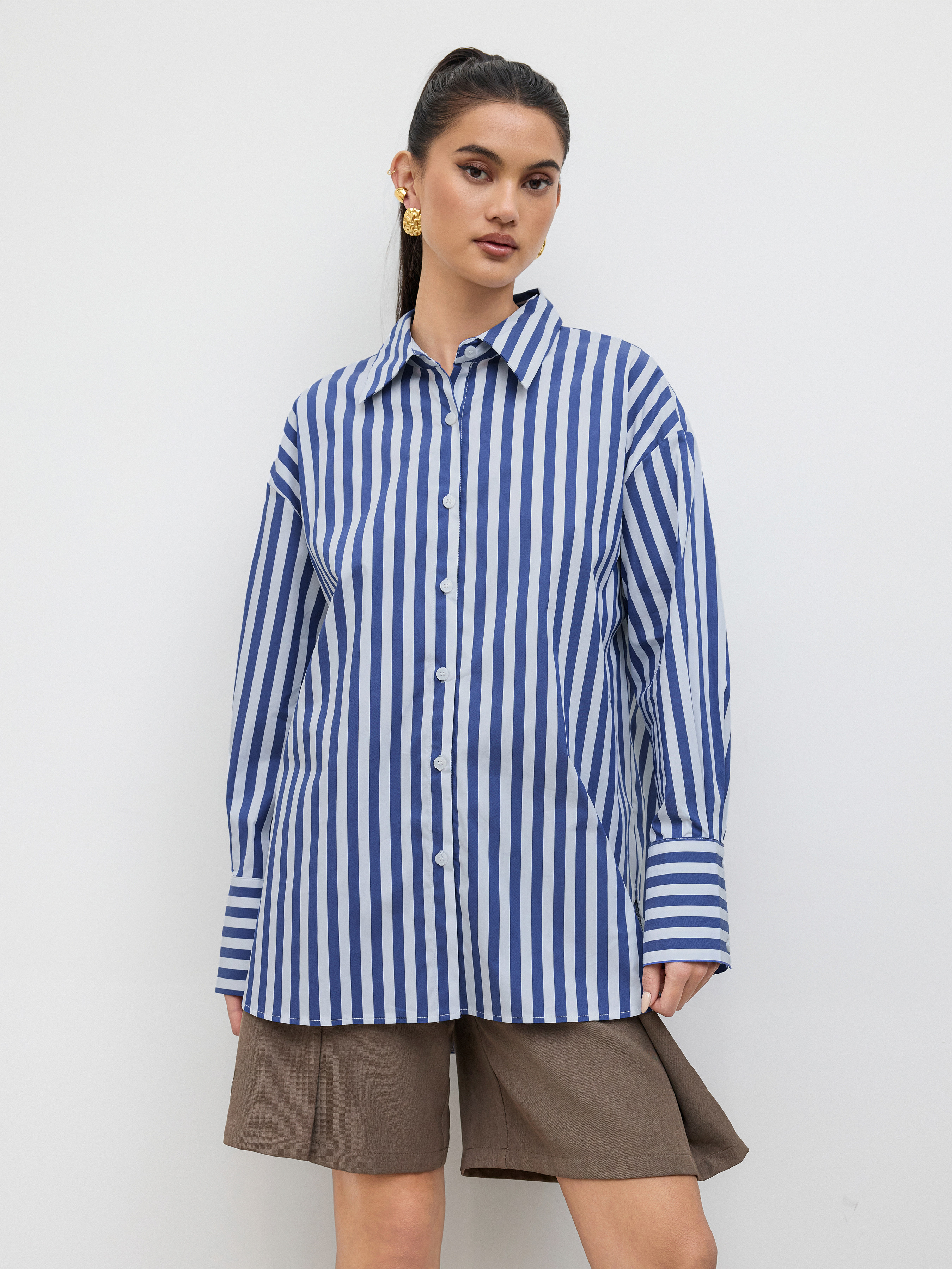 Woven Cotton-blend Collar Stripe Oversized Shirt For Work | Cider