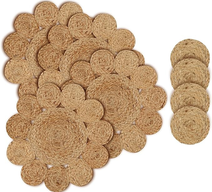 4 Pack Round Jute Woven Placemats and Coasters Set - Cotton Braided Dining Table Mat, Heat-Resist... | Amazon (US)