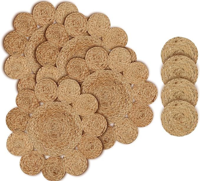 4 Pack Round Jute Woven Placemats and Set of 4 Round Jute Coasters, Cotton Braided Placemats Set,... | Amazon (US)