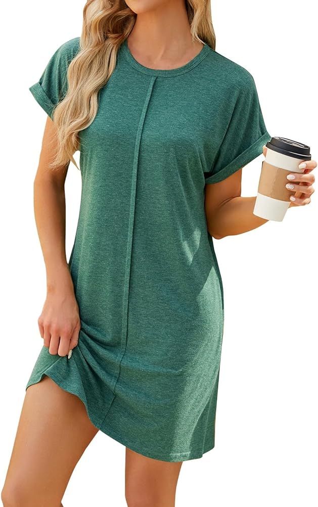Summer Dresses for Women 2024,Womens Solid Crewneck Short Sleeve T-Shirt Dress Loose Beach Vacati... | Amazon (US)