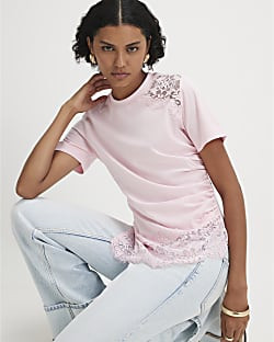 Pink Cotton Short Sleeve Lace Aysmmetric Top | River Island UK & IE