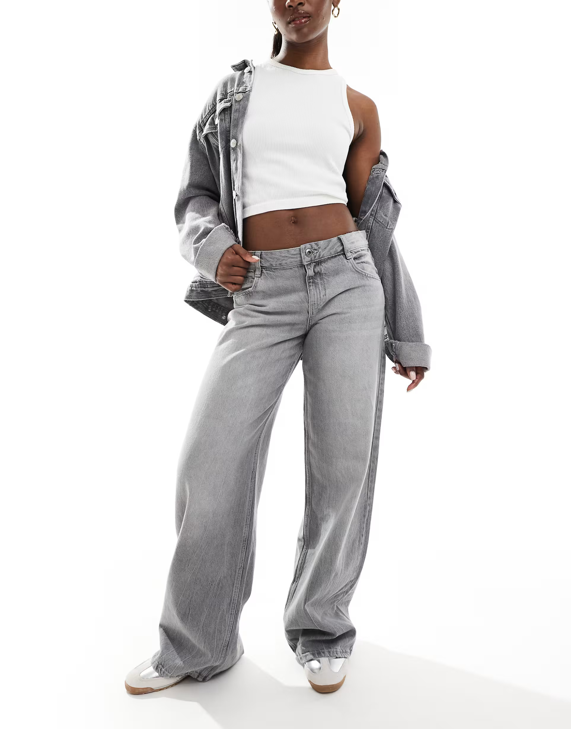 Bershka baggy wide leg jeans in washed grey | ASOS (Global)