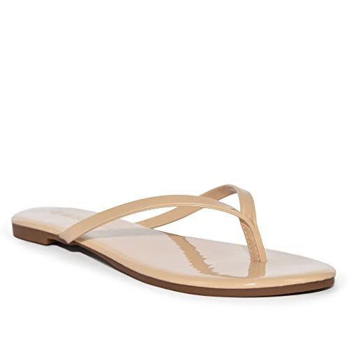 Wild Diva Classic Faux Patent Leather Almond Toe Flip Flop Thong Sandals-NUPA-7 Nude | Amazon (US)