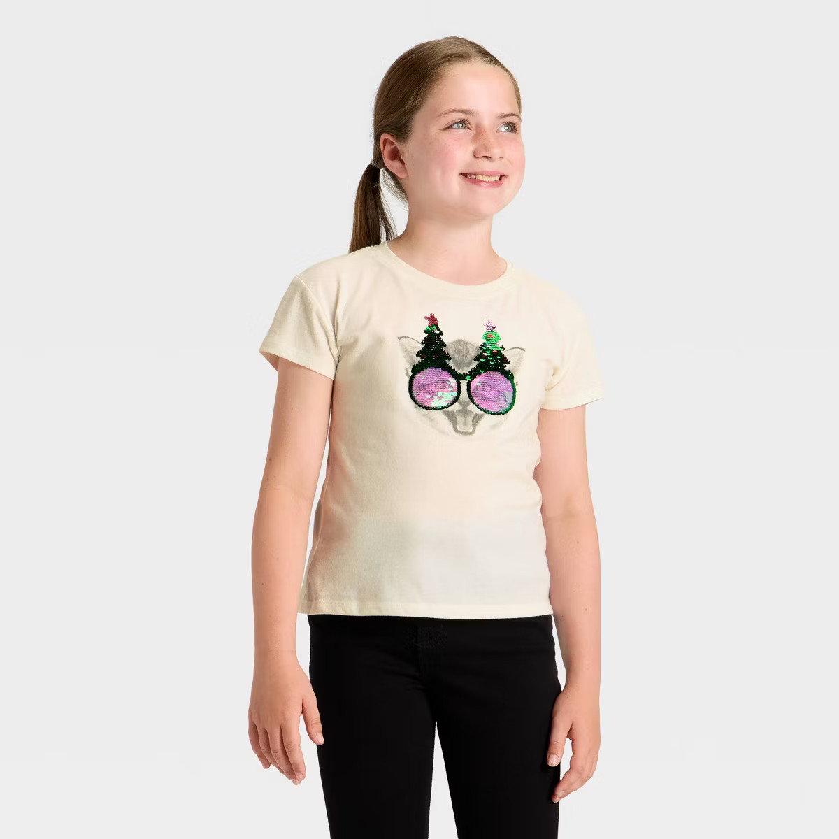 Girls' Short Sleeve 'Christmas Cat' Flip Sequin T-Shirt - Cat & Jack™ Cream M | Target