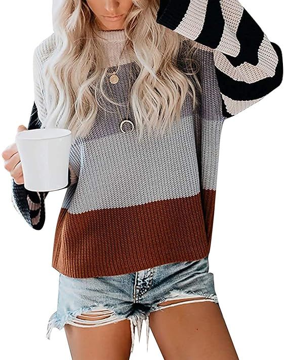 MEROKEETY Women's Crew Neck Long Sleeve Color Block Knit Sweater Casual Pullover Jumper Tops | Amazon (US)