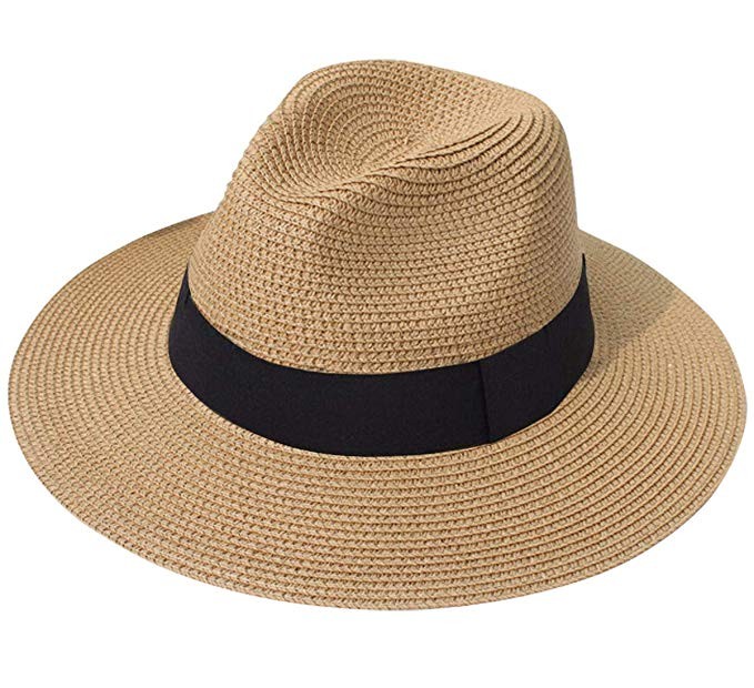 Lanzom Women Wide Brim Straw Panama Roll up Hat Fedora Beach Sun Hat UPF50+ | Amazon (US)