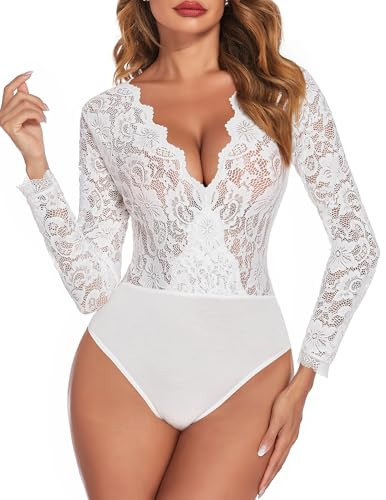 Avidlove Womens Long Sleeve Lingerie Bodysuit V Neck White Lace Body Suits Going Out Tops Snap Crotch One Piece Teddy Lingerie | Amazon (US)
