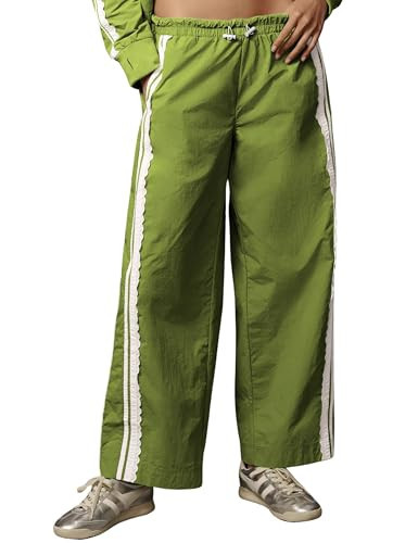 MINSURE Women Baggy Track Pants Lace Side Stripe Drawstring Elastic Waist Wide Leg Parachute Pants with Pockets(Green-S) | Amazon (US)