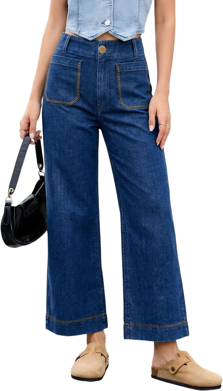 Dokotoo Womens Wide Leg Jeans High Waisted Stretchy Straight Leg Jeans Contrast Stitching Cropped Ankle Denim Pants | Amazon (US)