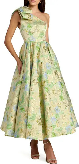 Mac Duggal One-Shoulder Floral Brocade Midi Dress with Bow Detail | Nordstrom | Nordstrom