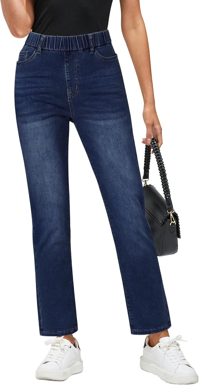 GRAPENT Straight Leg Jeans for Women Trendy Pull On High Waisted Cropped Elastic Waist Stretchy D... | Amazon (US)