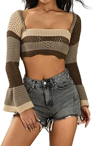 Y2k Women Long Sleeve Crop Top Crochet Knit Color Block Pullover Jumper Tops Loose Patchwork Shir... | Amazon (US)
