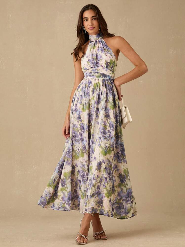 Spring/Summer Romantic Women's White&Blue Floral Print Ruched Sleeveless Halter Backless Maxi Dre... | SHEIN