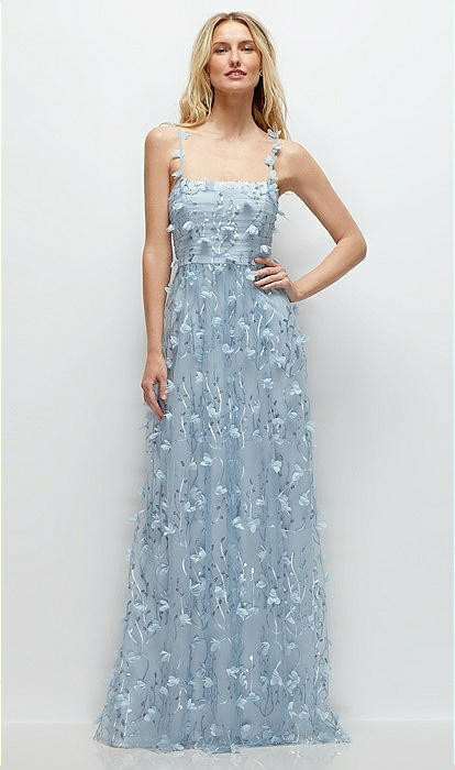 Shirred 3D Sequin Embroidery Floral Maxi Dress with Petal-Adorned Straps in Silver Dove | Dessy Group