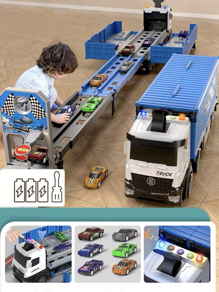 Transforming Launcher Racing Track Playset 8pcs Assorted Die-Cast Metal Cars And Large Cargo Truck Toy For Kids | SHEIN