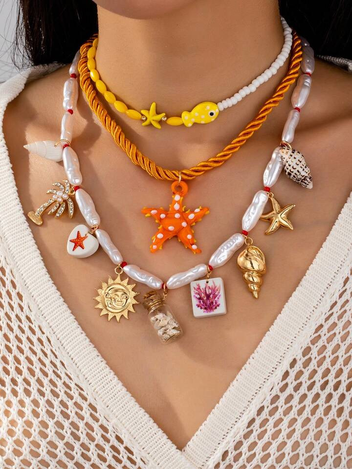 1 Stuk Handgemaakte Zomerse Zeesterrenketting Met Zeeleven, Schelpenkettingen, Oranje Zeesterhanger, Boho-Strandketting Met Vissen, Modeaccessoires Voor Dames, Cadeau (Kleur En Vorm Kunnen Variëren) | SHEIN