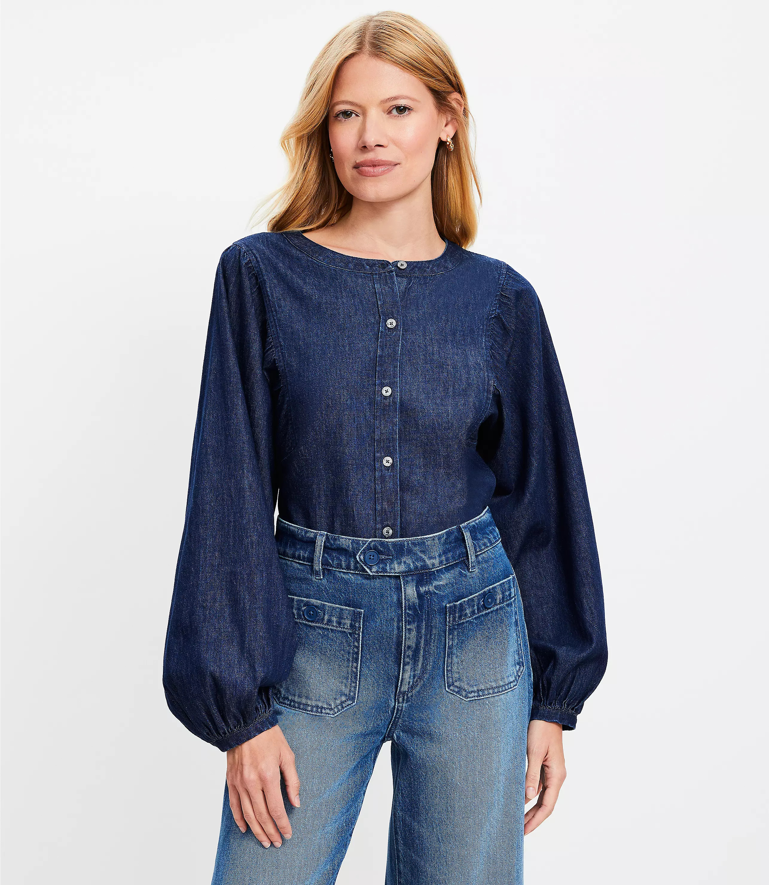 Chambray Blouson Sleeve Blouse | LOFT