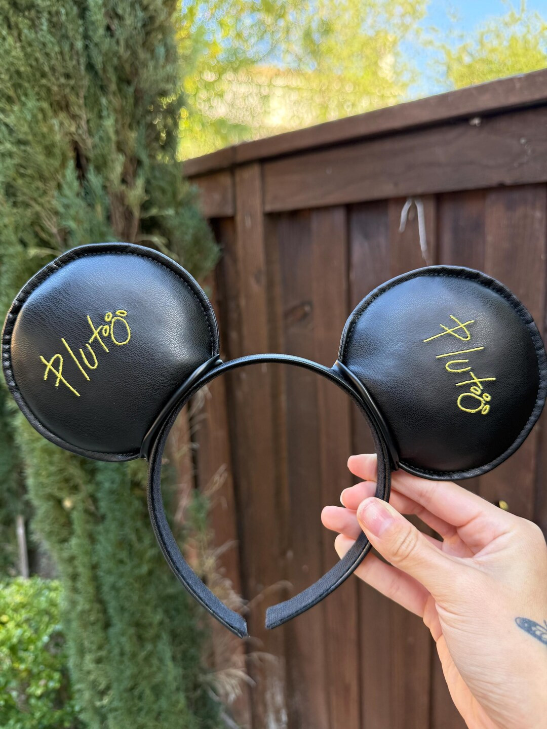 Embroidered Pluto Black Faux Leather Mouse Ears / Black Mouse Ears / Embroidered Pluto Ears - Ets... | Etsy (US)