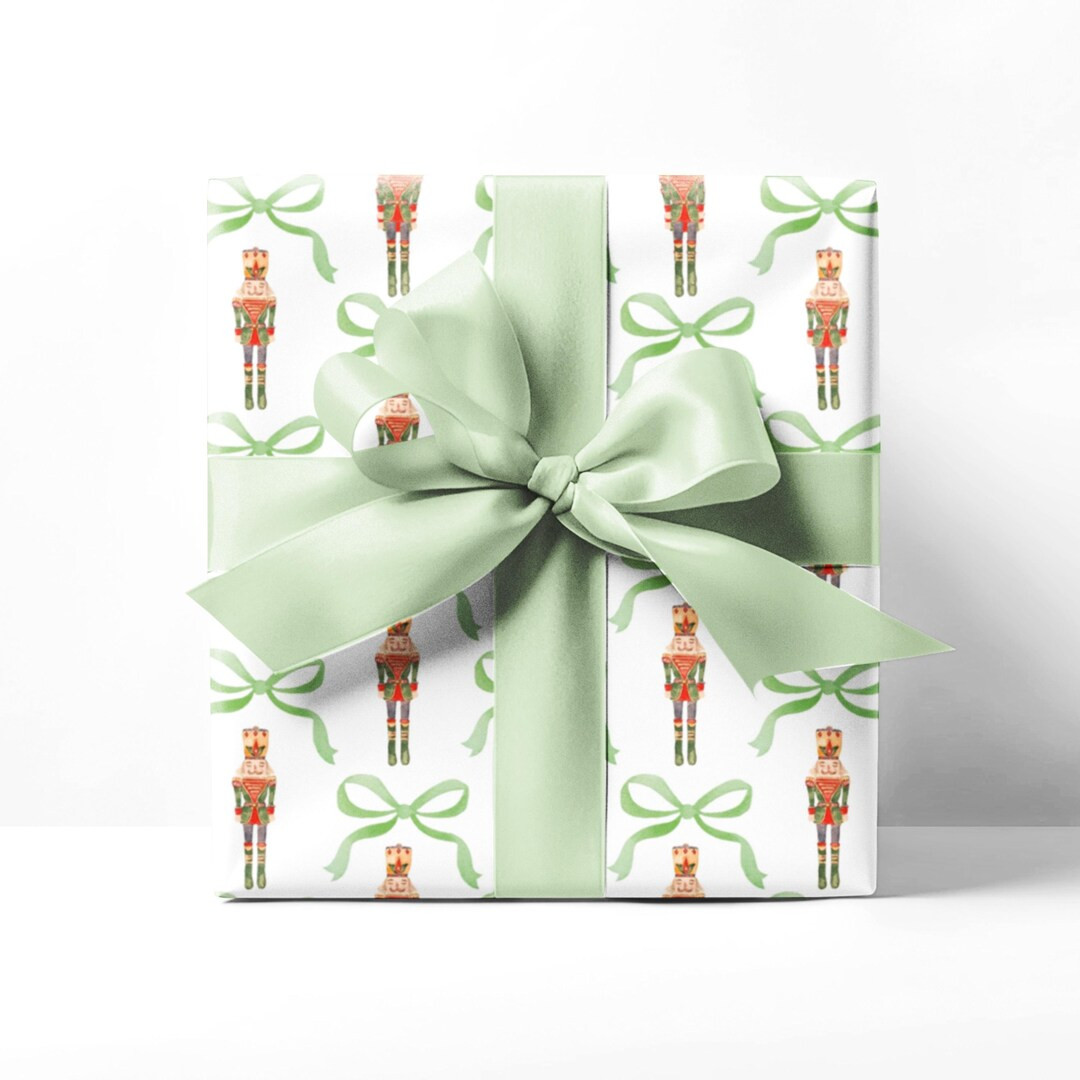 Nutcracker Trellis Bow Wrapping Paper, Green Christmas Holiday Girly Preppy Gift Wrap - Etsy | Etsy (US)
