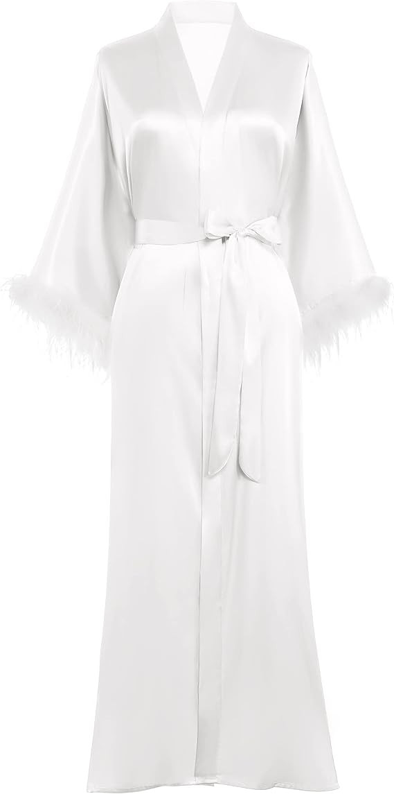 PRODESIGN Satin Kimono Robe Long Silky Bath Robe with Ostrich Feather Trim Sleepwear Wedding Brid... | Amazon (US)