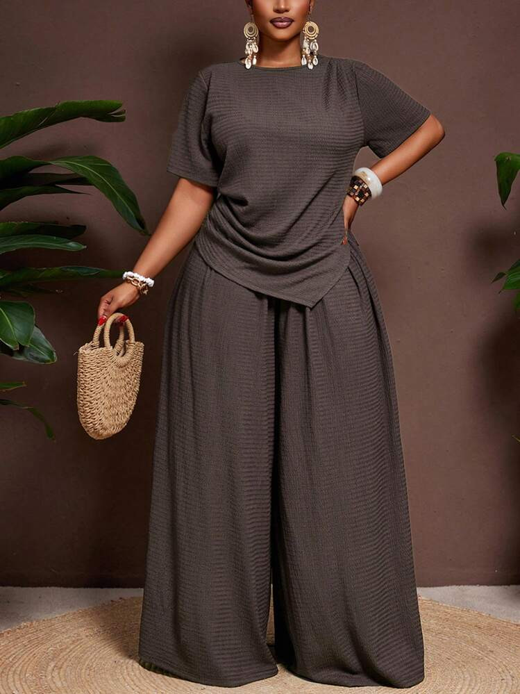 Veslaya 2pcs/Set 2025 Spring/Summer Casual Vacation Solid Color Asymmetric Hem Short Sleeve Top And Elastic Waist Wide Leg Pants Plus Size | SHEIN