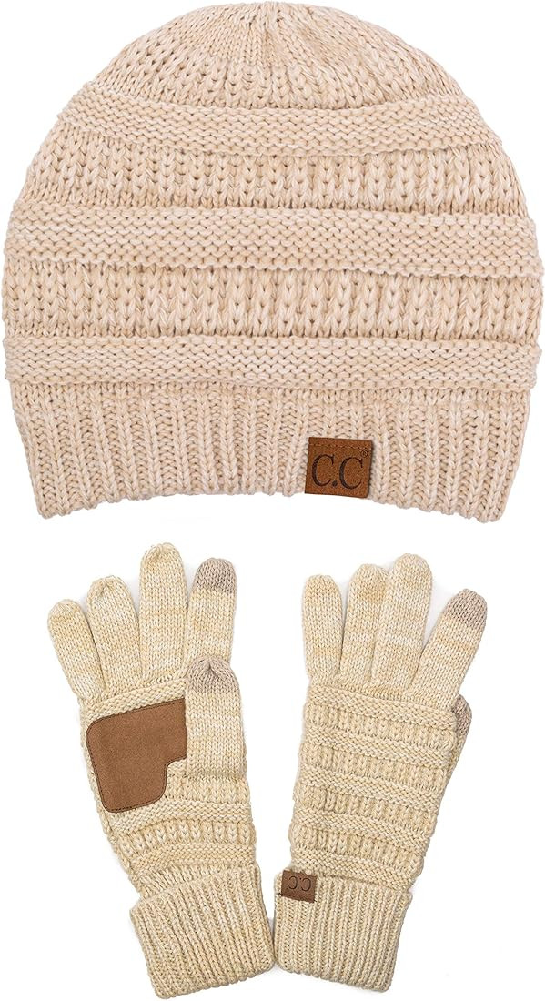 C.C Unisex Soft Stretch Cable Knit Beanie and Anti-Slip Touchscreen Gloves 2 Pc Set 2 Pc Set | Amazon (US)