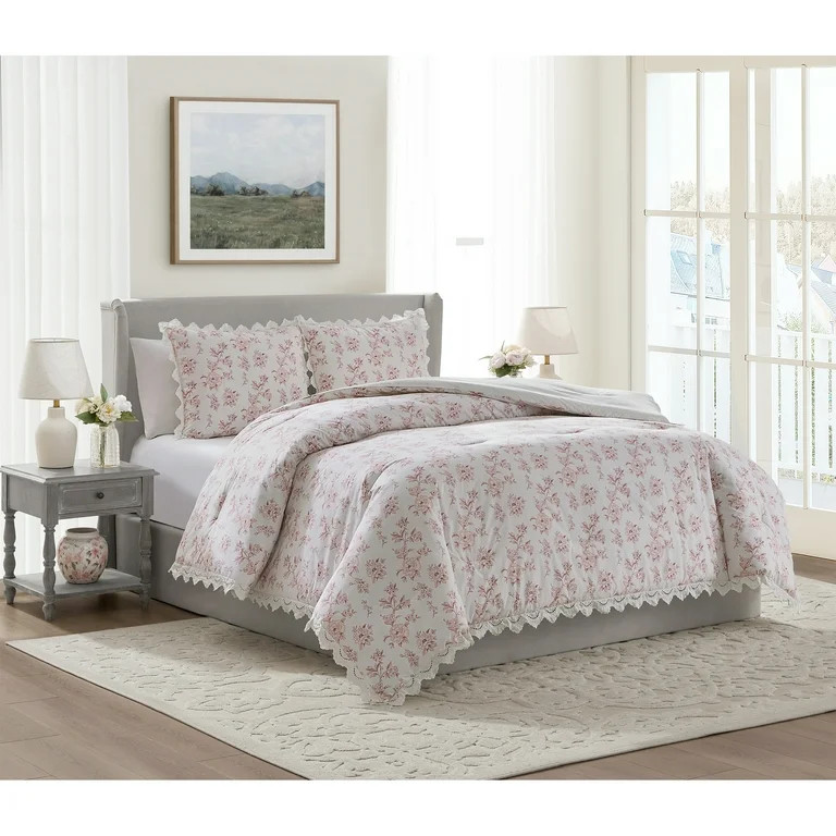 My Texas House Hum Eyelet 3-Piece Pink Floral Cotton Comforter Set, Full/Queen | Walmart (US)