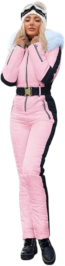Zwurew Womens Winter Ski Suit Outdoor Sports Waterproof Snowsuit Fur Collar Ski Jumpsuit Coat | Amazon (US)