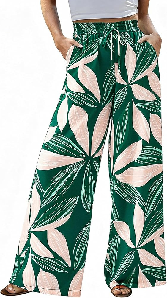 CFLONGE Palazzo Pants for Women Casual 2025 Summer High Waist Floral Wide Leg Pant Trendy Boho Tr... | Amazon (US)