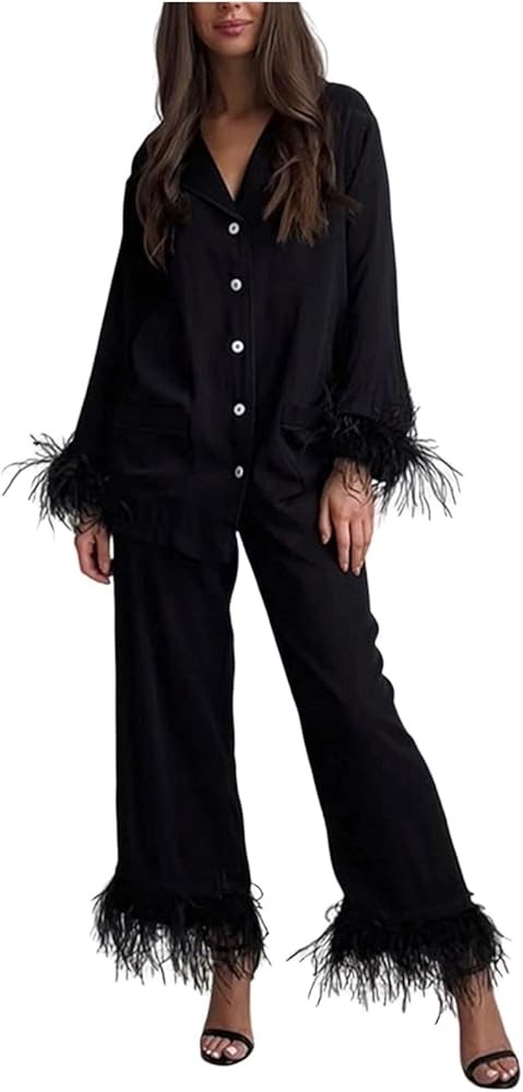 Qiribati Pajama Set for Women Feather Long Sleeve Button Top and Pants Comfy 2-piece Pajamas Pj S... | Amazon (US)