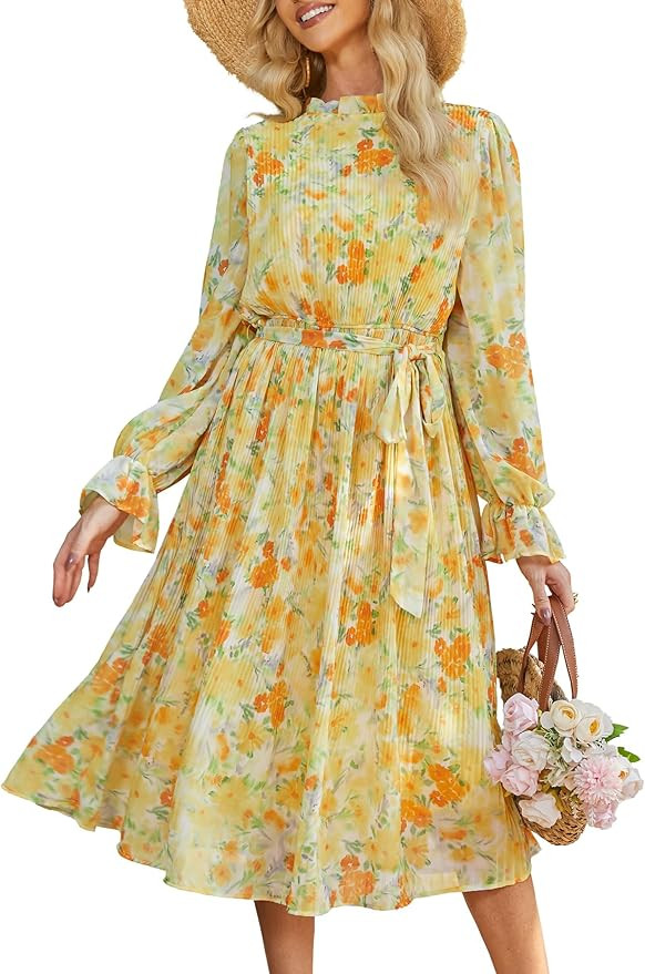 ANRABESS Women's Floral Midi Dress Puff Long Sleeve Casual Ruffle Chiffon A-Line Swing Pleated Be... | Amazon (US)