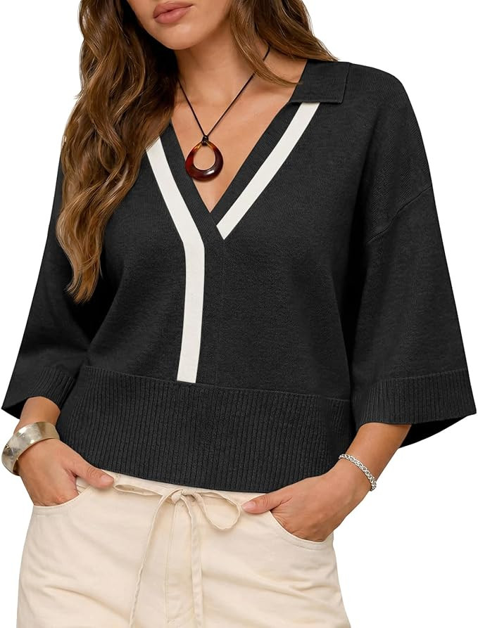 Womens Short Sleeve Sweater Tops V Neck Collared Oversized Color Block Casual Summer Knit Polo Sh... | Amazon (US)
