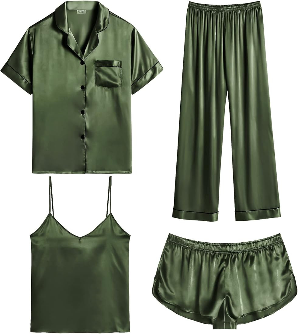 SWOMOG Womens Silk Satin Pajamas Sets 4pcs Sleepwear Sexy Cami Shorts Set and Button Down Short S... | Amazon (US)