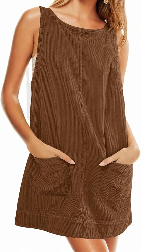 Womens Corduroy Overalls Dress Low Open Back Skirtall Jumper Mini Dress Pinafore with Pockets | Amazon (US)
