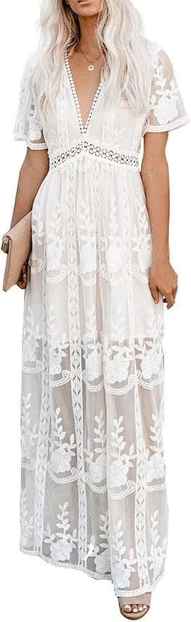 Ecosunny Women's Deep V Neck Short Sleeve Floral Lace Bridesmaid Maxi Dress Party Gown | Amazon (US)