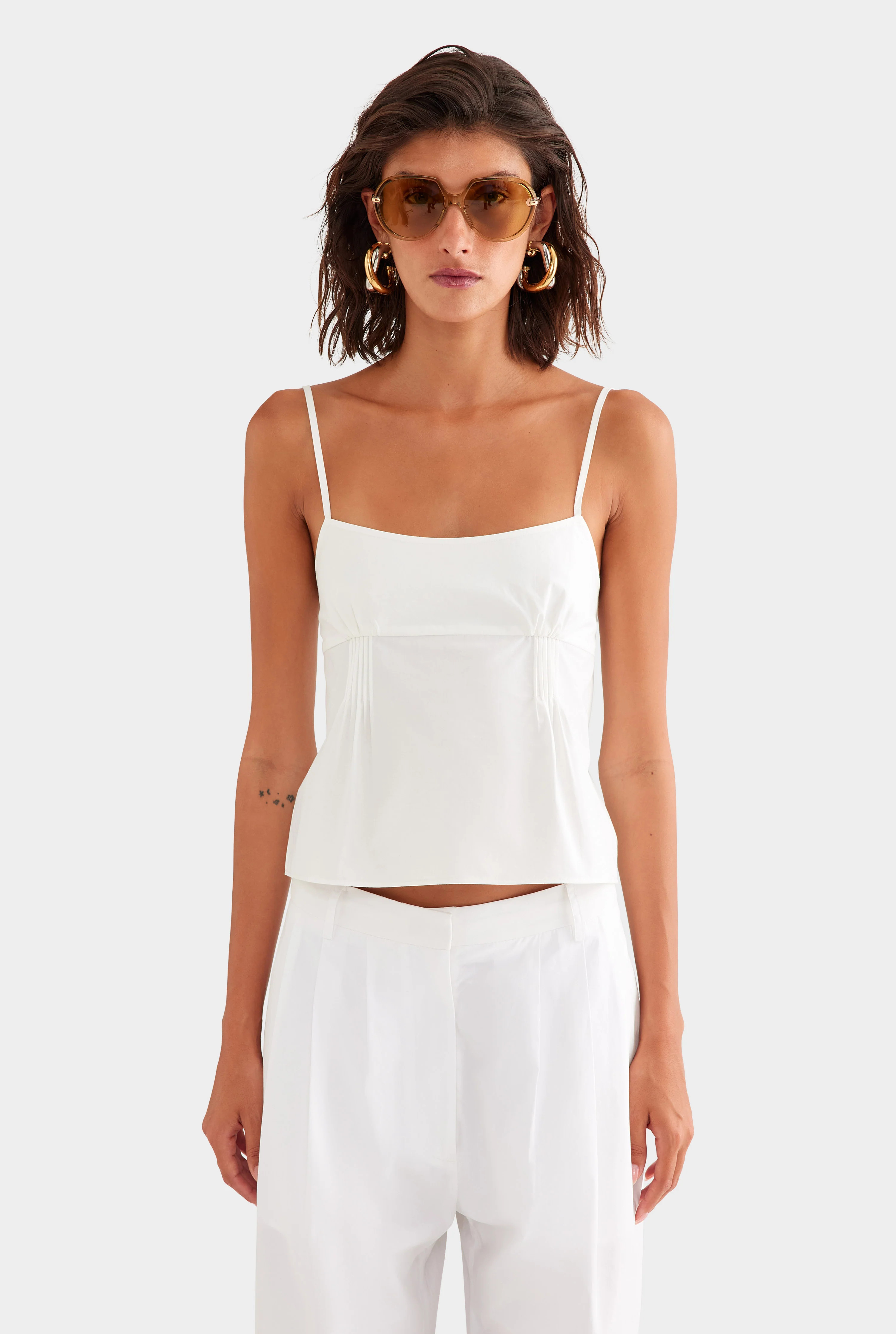 Pintuck Cotton Poplin Cami in White | Venroy | Venroy AU