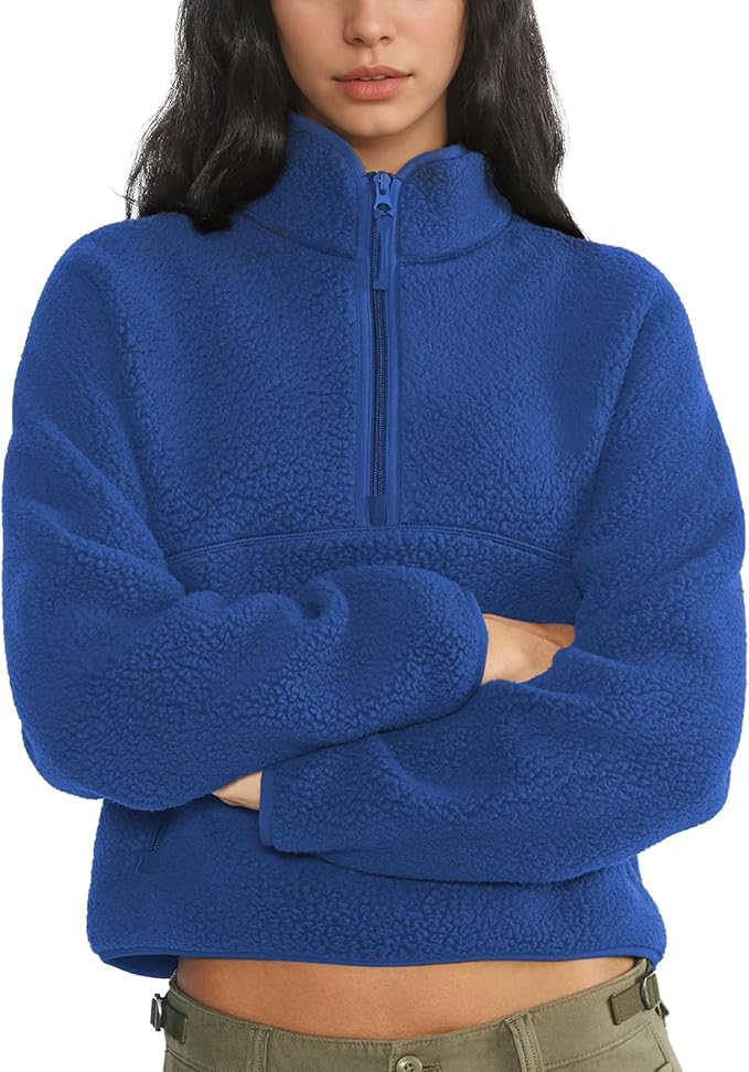 Womens Fleece Sweatshirts Cropped Half Zip Fuzzy Warm Sherpa Pullover Varsity Jackets with Zipper... | Amazon (US)