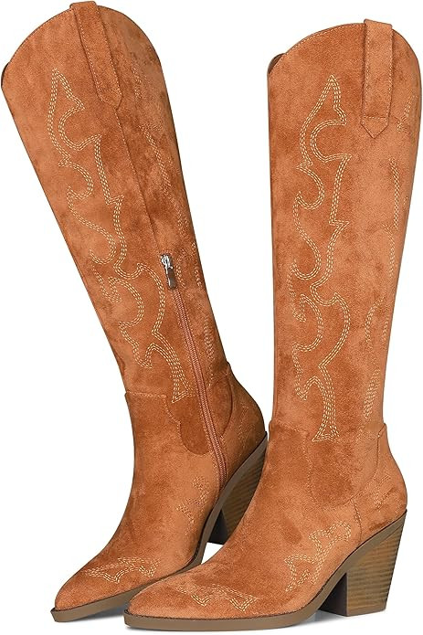 Erocalli Cowboy Boots for Women Cowgirl Knee High Boots Metallic Pull On Almond Toe Boots Embroid... | Amazon (US)