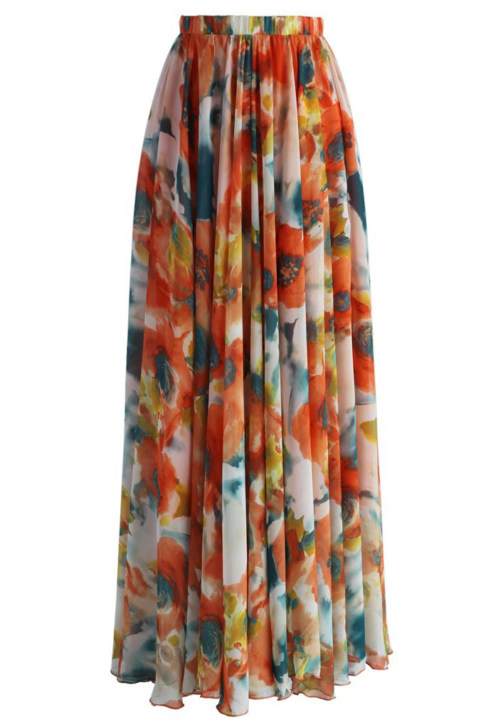Orange Blossom Watercolor Maxi Skirt | Chicwish