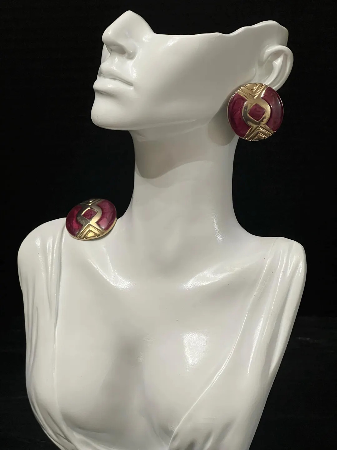 Vintage 80s Gold Tone Burgundy Enamel Clip-On Earrings, Large Statement Button Jewelry | Etsy (US)