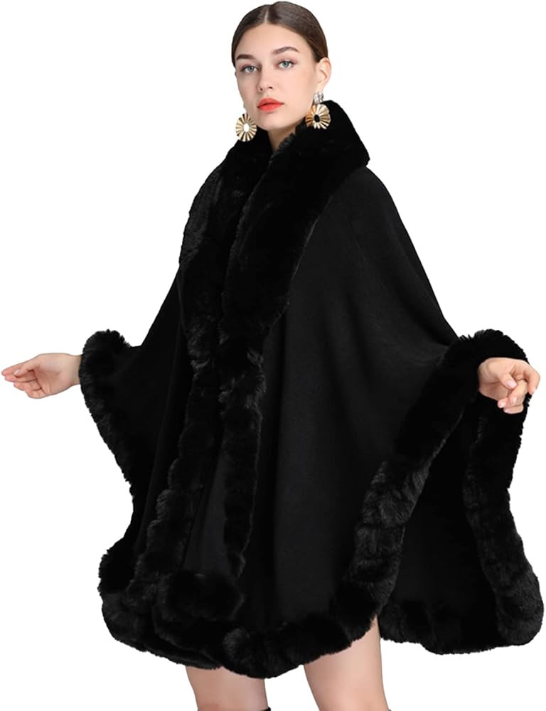 Obosoyo Ponchos for Women Shawls and Wraps Evening Dresses Faux Fur Collar Cloak Cape Pashmina | Amazon (US)