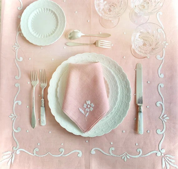 25pc Italian Pink Linen Hand Embroidered Large Rectangular | Etsy | Etsy (US)