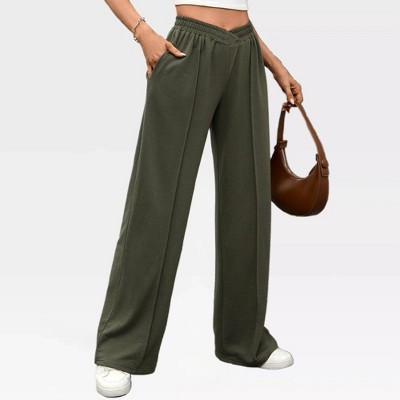 Garvee Women High Waist Yoga Pants V Crossover Waist Wide Leg Sweatpants Loose Fit Lounge Trousers with Front Seam Detail,Army Green-X Large | Target