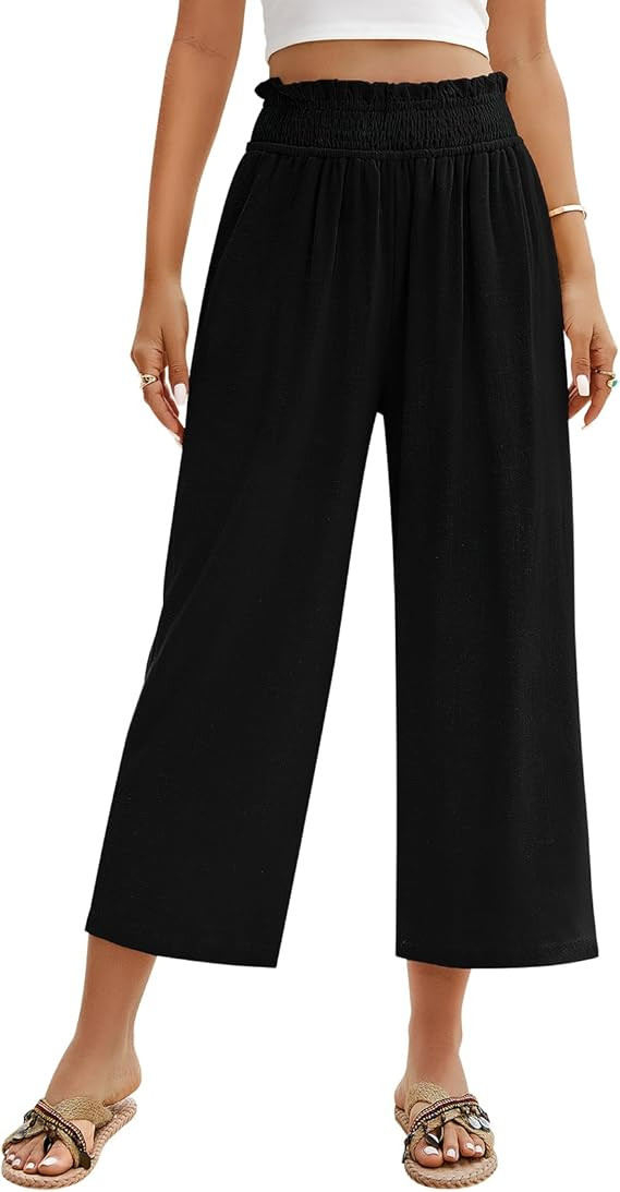 HEEKPEK Linen Capri Pants for Women Wide Leg Casual Elastic High Waist Trousers Flowy Beach Cropp... | Amazon (US)