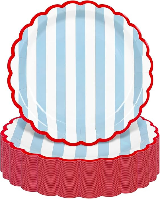 JarThenaAMCS 50 Pcs Scalloped Paper Plates 9 Inch Blue Stripe with Red Trim Disposable Plates Dec... | Amazon (US)